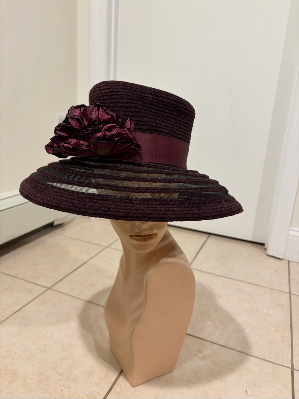 Elissaโs Millinery London Burgundy Wide Brim Floral Dress Church Hat
